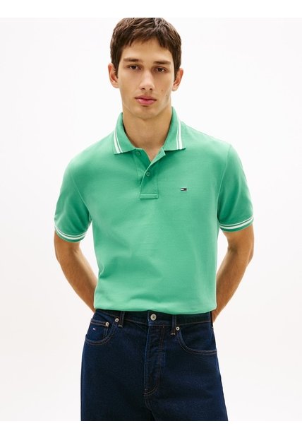 Polo Verde De Corte Regular Ribeteado Con Logo Tommy Jeans