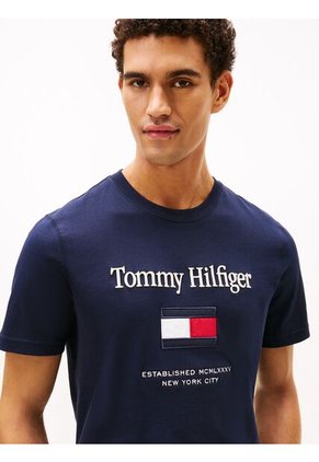 Camiseta Azul Marino De Cuello Redondo Con Logo Bordado Tommy Hilfiger