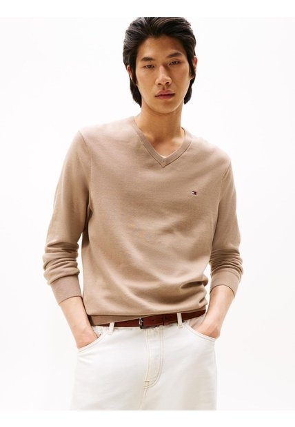 Saco Beige Con Cuello En V Y Logo Bordado Tommy Hilfiger