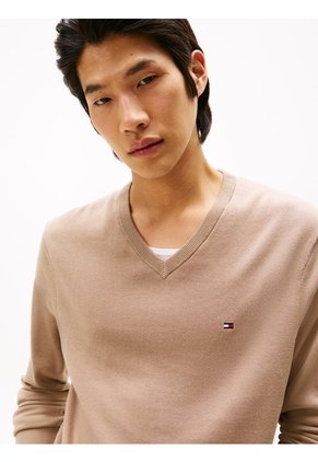 Saco Beige Con Cuello En V Y Logo Bordado Tommy Hilfiger