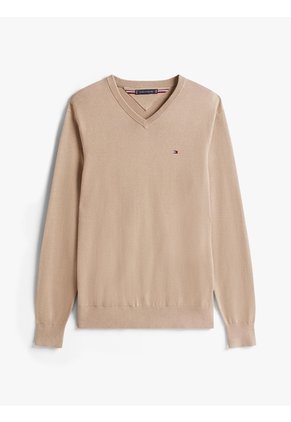 Saco Beige Con Cuello En V Y Logo Bordado Tommy Hilfiger