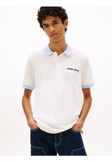 Polo Blanco De Piqué Regular Con Logo Bordado Tommy Jeans