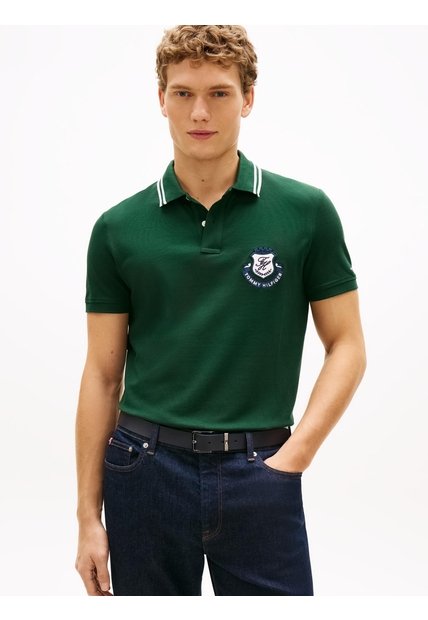 Polo Verde De Corte Regular Con Escudo Tommy Hilfiger