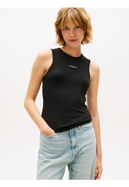 Tank Negro De Corte Slim Con Script Label Tommy Jeans