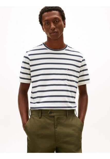 Camiseta Blanca De Rayas Con Cuello Redondo Tommy Hilfiger
