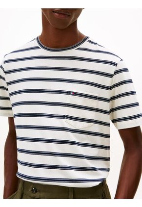 Camiseta Blanca De Rayas Con Cuello Redondo Tommy Hilfiger