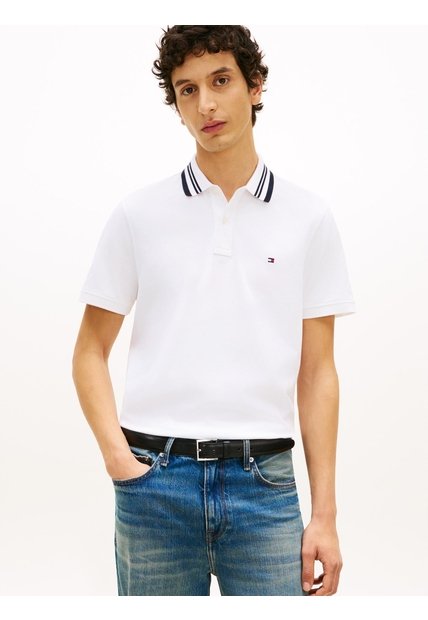 Polo Blanco Jacquard Con Tejido Ribeteado Tommy Hilfiger