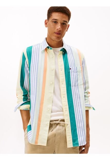 Camisa Beige Oxford De Rayas Tommy Hilfiger
