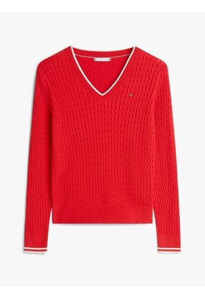 Saco Rojo De Punto Trenzado Con Cuello En V Tommy Hilfiger