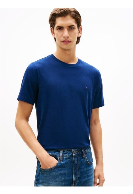 Camiseta Azul De Cuello Redondo Con Logo Bordado Tommy Hilfiger
