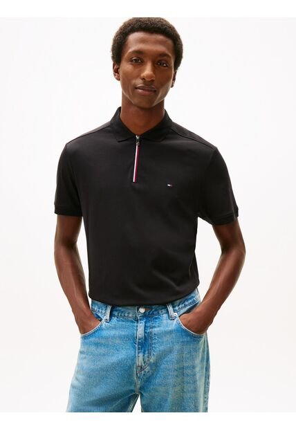 Polo Negro De Corte Regular De Cierre De Cremallera De 1/4 Tommy Hilfiger