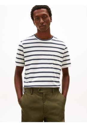 Camiseta Blanca De Rayas Con Cuello Redondo Tommy Hilfiger
