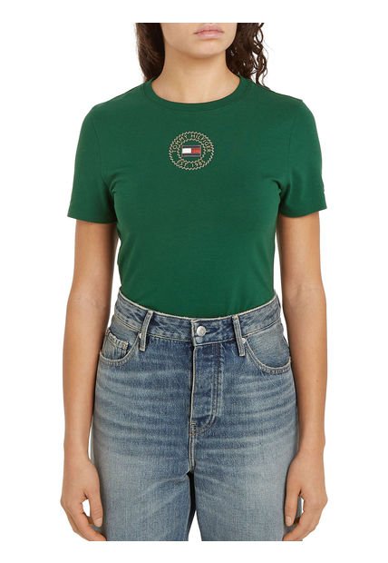 Camiseta Verde De Corte Slim Con Sello Tommy Hilfiger