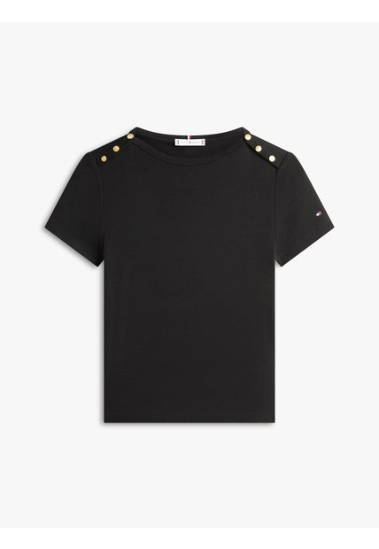 Camiseta Negra Slim De Cuello Barco Con Botones Tommy Hilfiger