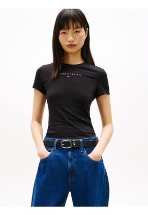 Camiseta Negra De Corte Slim Con Logo Lineal En El Pecho Tommy Jeans