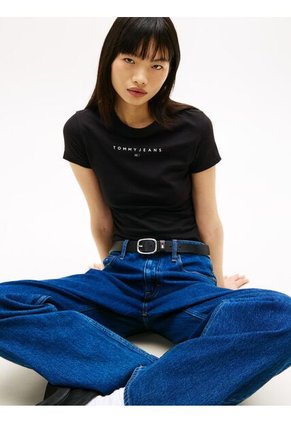 Camiseta Negra De Corte Slim Con Logo Lineal En El Pecho Tommy Jeans