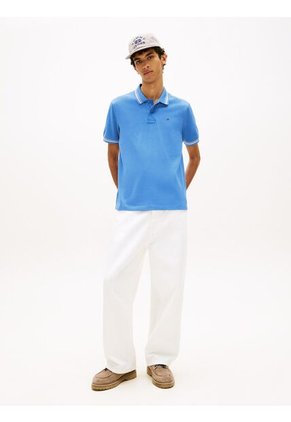 Polo Celeste De Corte Regular Ribeteado Con Logo Tommy Jeans