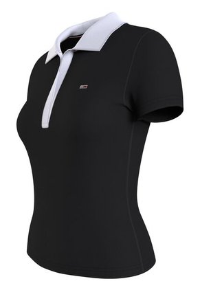 Polo Negro Con Cuello En V Y Detalles Contrastantes. Tommy Jeans