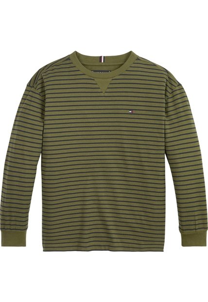 Camiseta Verde Para Niño Manga Larga Essential De Rayas Tommy Hilfiger