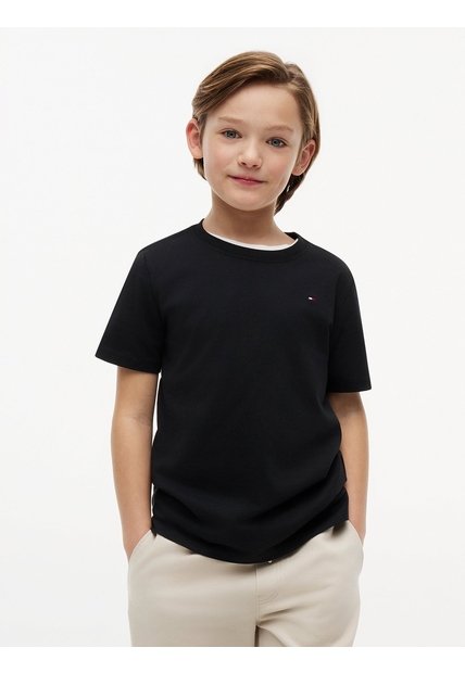 Camiseta Negra Para Niño De Cuello Redondo Con Logo Tommy Hilfiger