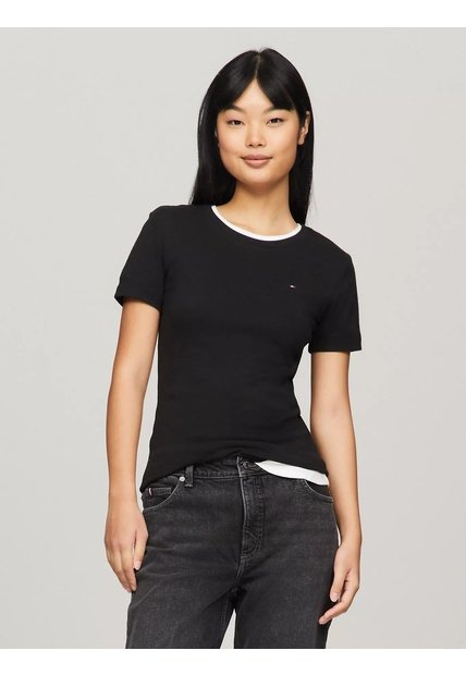 Camiseta Negra De Cuello Redondo Con Logo Tommy Hilfiger