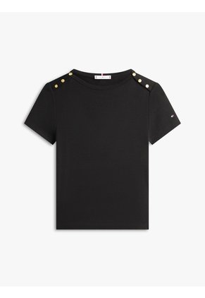 Camiseta Negra Slim De Cuello Barco Con Botones Tommy Hilfiger