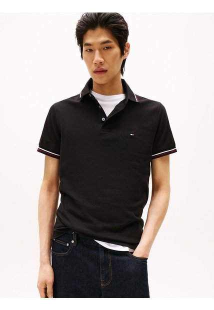 Polo Negro De Corte Slim Con Ribetes Tommy Hilfiger