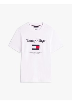 Camiseta Blanca De Cuello Redondo Con Logo Bordado Tommy Hilfiger
