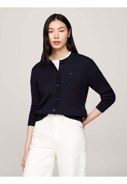 Saco Azul De Punto Trenzado Con Cuello Redondo Tommy Hilfiger
