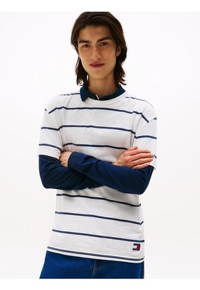 Camiseta Blanca De Rayas Y Cuello Redondo Tommy Jeans