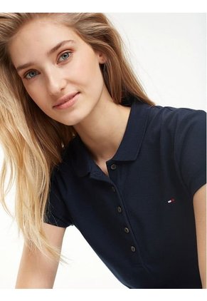Polo Azul Oscuro Manga Corta Slim Fit Para Mujer Tommy Hilfiger