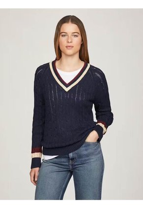 Saco Azul Cuello V De Punto De Cable Tommy Hilfiger