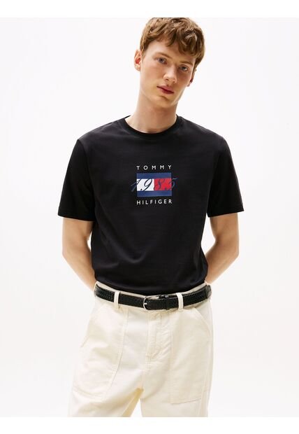Camiseta Negra De Punto Con Logo Gráfico Tommy Hilfiger