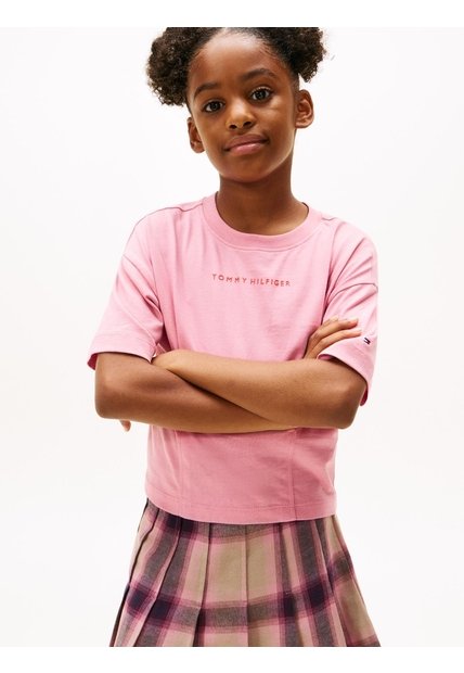 Camiseta Rosada Para Niña De Punto Con Logo Engomado Tommy Hilfiger