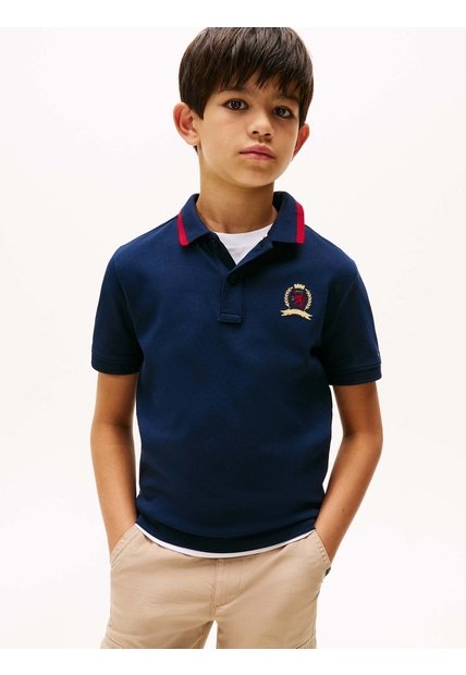 Polo Azul Para Niño De Punto Interlock Con Escudo TH Tommy Hilfiger