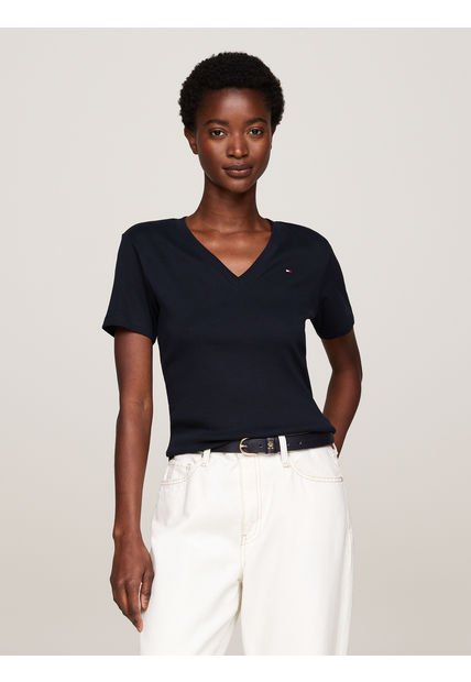Camiseta Azul Oscuro Con Cuello En V Para Mujer Tommy Hilfiger