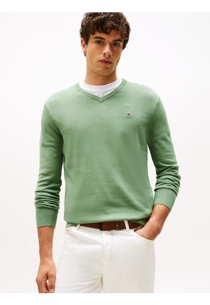 Saco Verde Con Cuello En V Y Logo Bordado Tommy Hilfiger