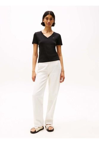 Camiseta Negra De Rayas Con Cuello En V Tommy Hilfiger Tommy Hilfiger