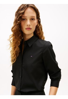 Camisa Negra A Rayas De Corte Regular Tommy Hilfiger