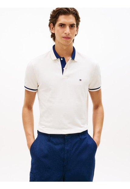 Polo Blanco De Corte Regular Con Ribeteado Tommy Hilfiger