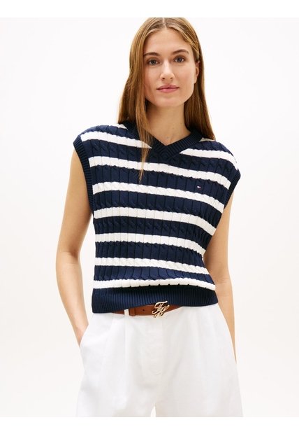 Chaleco Azul De Punto Trenzado Con Cuello En V Tommy Hilfiger