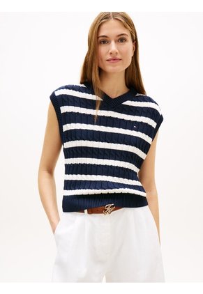 Chaleco Azul De Punto Trenzado Con Cuello En V Tommy Hilfiger