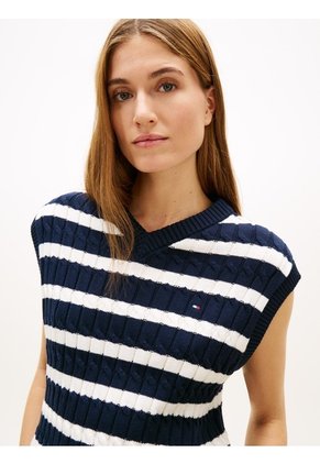 Chaleco Azul De Punto Trenzado Con Cuello En V Tommy Hilfiger