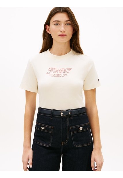 Camiseta Blanca De Punto Interlock Con Logo Tommy Hilfiger