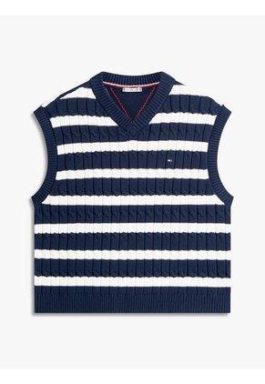 Chaleco Azul De Punto Trenzado Con Cuello En V Tommy Hilfiger