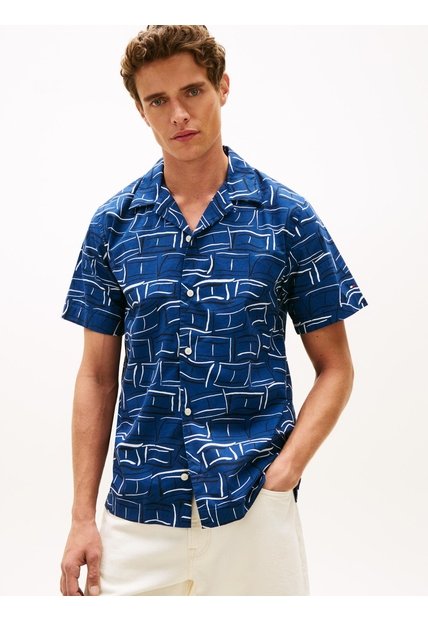 Camisa Azul Flex Poplin Con Estampado Tommy Hilfiger