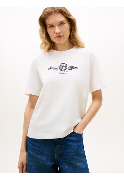 Camiseta Blanca Amplia Con Logo Y Escudo Bordado Tommy Hilfiger