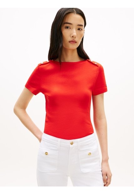 Camiseta Roja Slim De Cuello Barco Con Botones Tommy Hilfiger