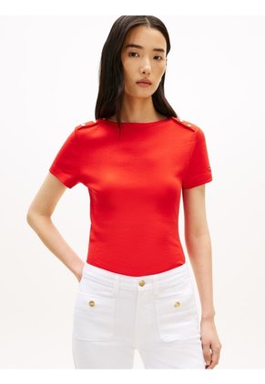 Camiseta Roja Slim De Cuello Barco Con Botones Tommy Hilfiger