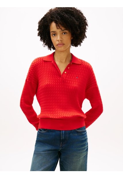 Saco Rojo Tejido Amplio Tipo Polo De Punto Trenzado Tommy Hilfiger